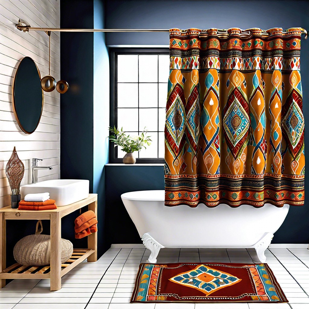 ethnic print bathroom window curtains