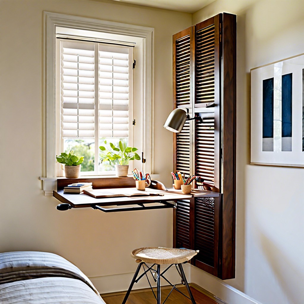 fold down desk secured to window shutters for temporary use