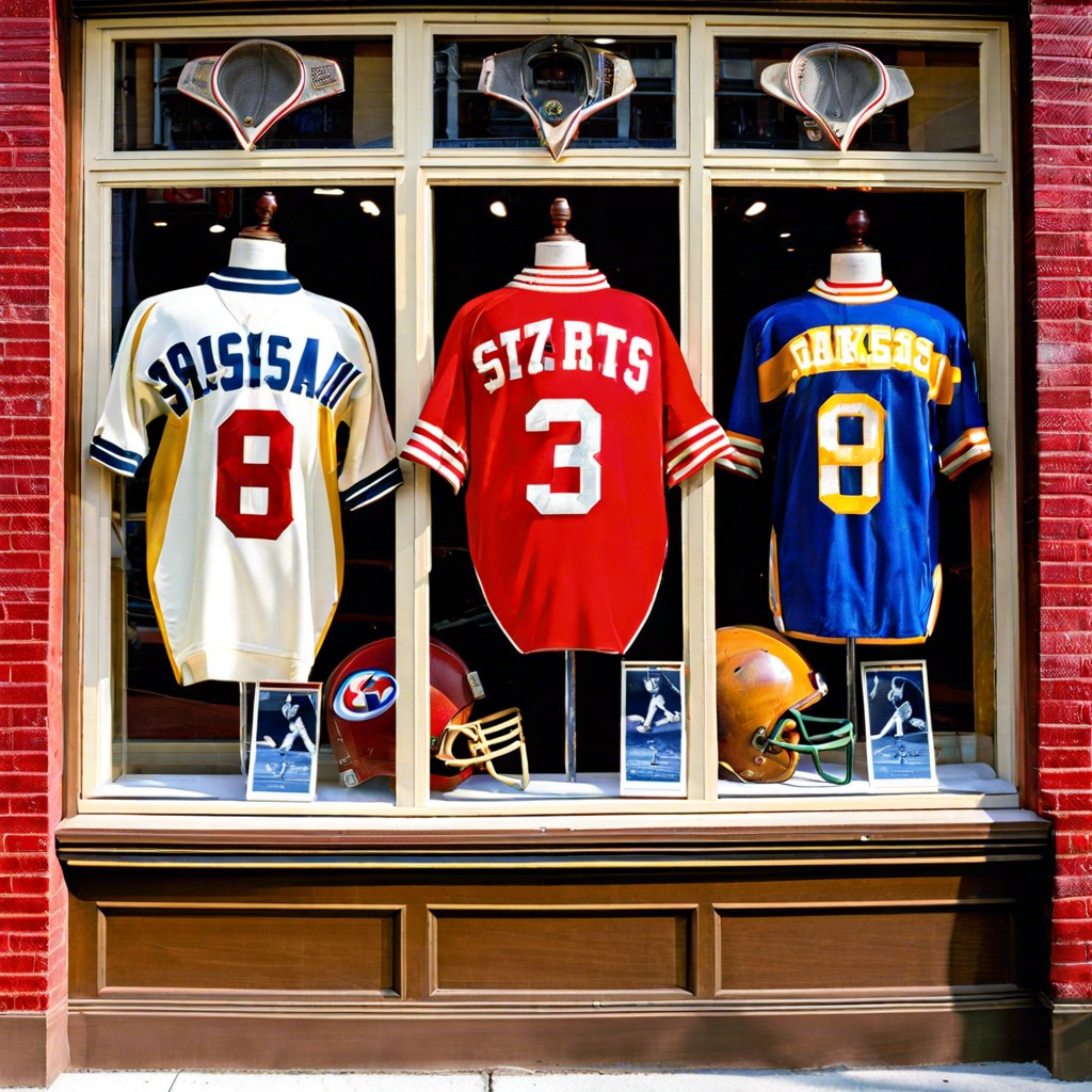 hang a collection of team jerseys from different years in the window