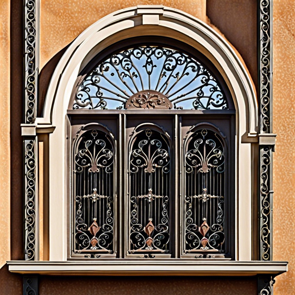 ironwork grills over arched windows for a classic old world charm