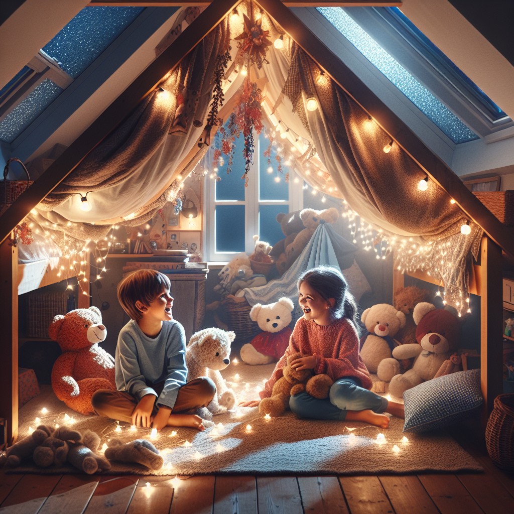 kids adventure fort with cushions and fairy lights