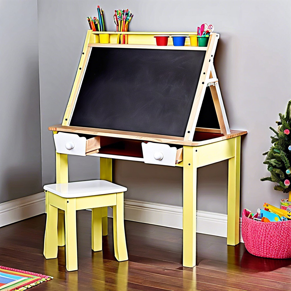 kids creative corner with chalkboard paint on the window base and drawing desk