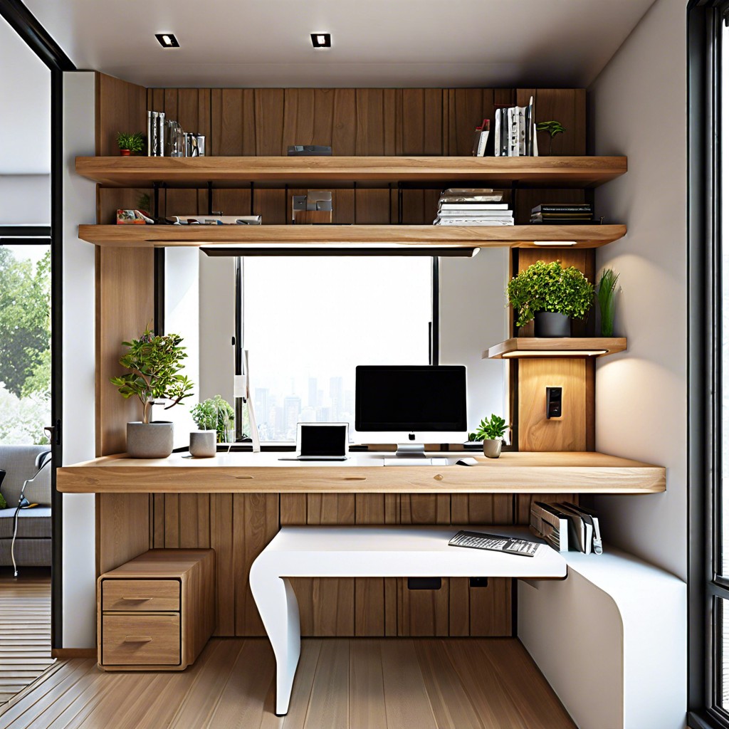 multi tier desk cascading from window sill embracing vertical space