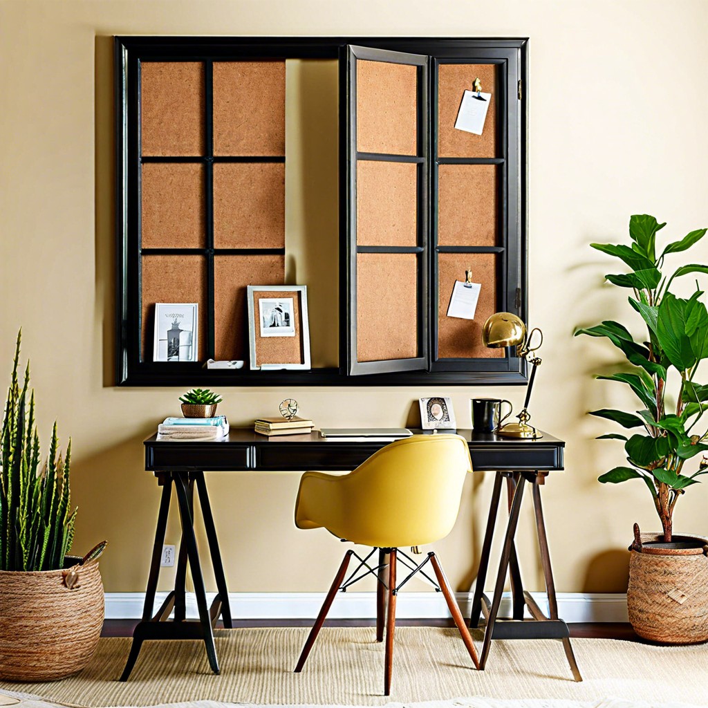 old window frame with inset corkboard for a home office