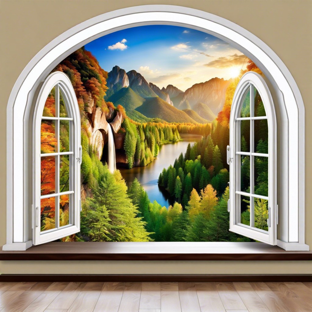 painted mural on the wall surrounding the window integrating with the actual arch