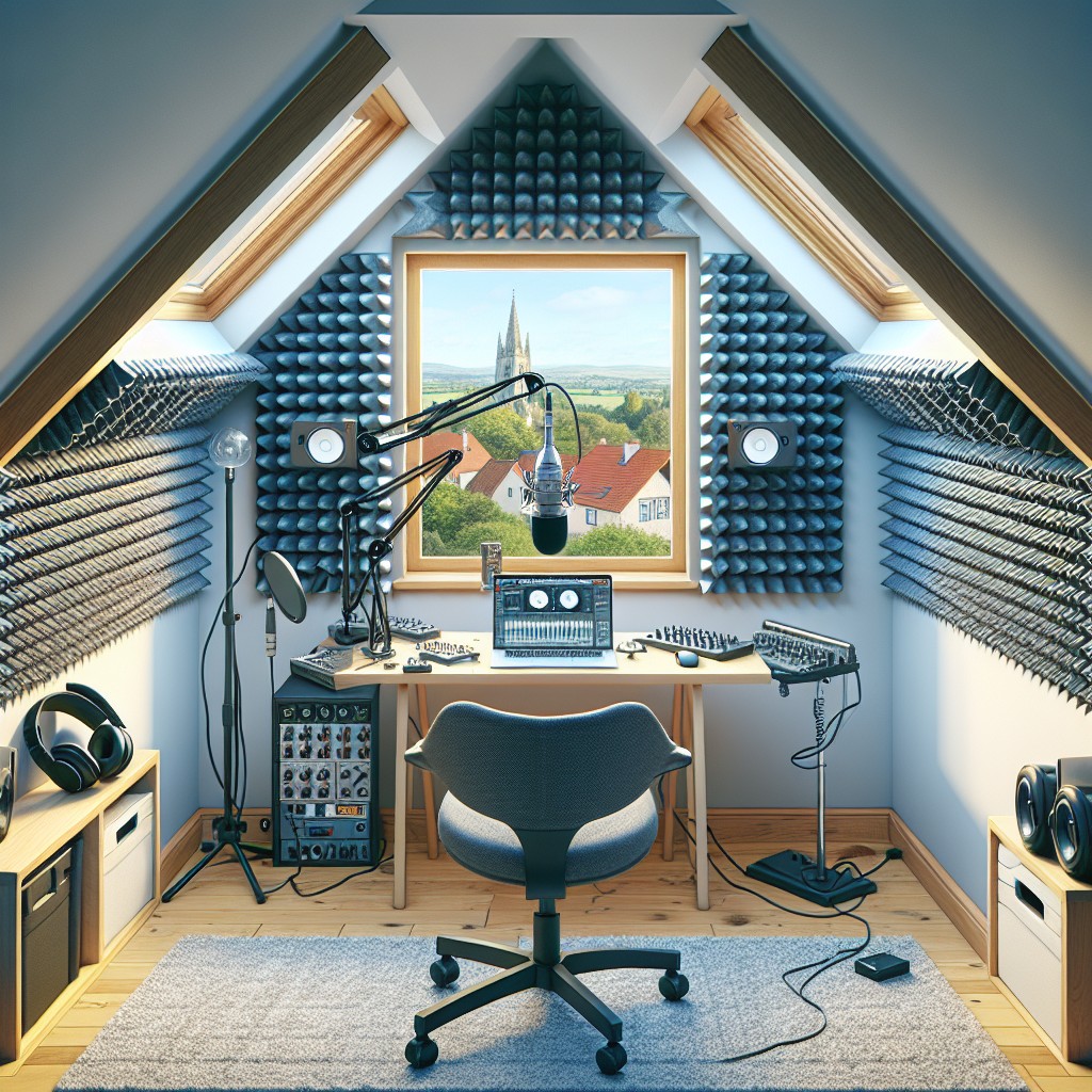 private podcast studio with soundproofing and microphone setup