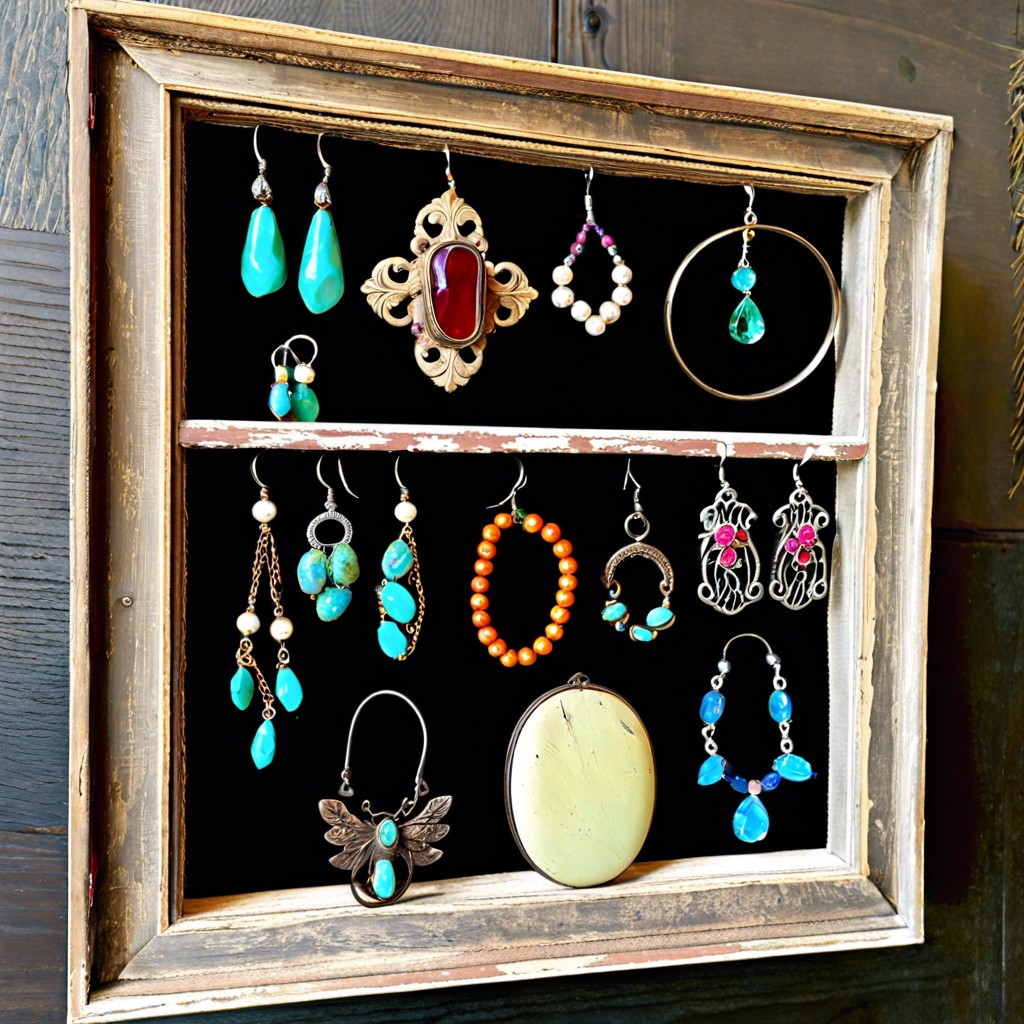 repurposed window frame jewelry organizer