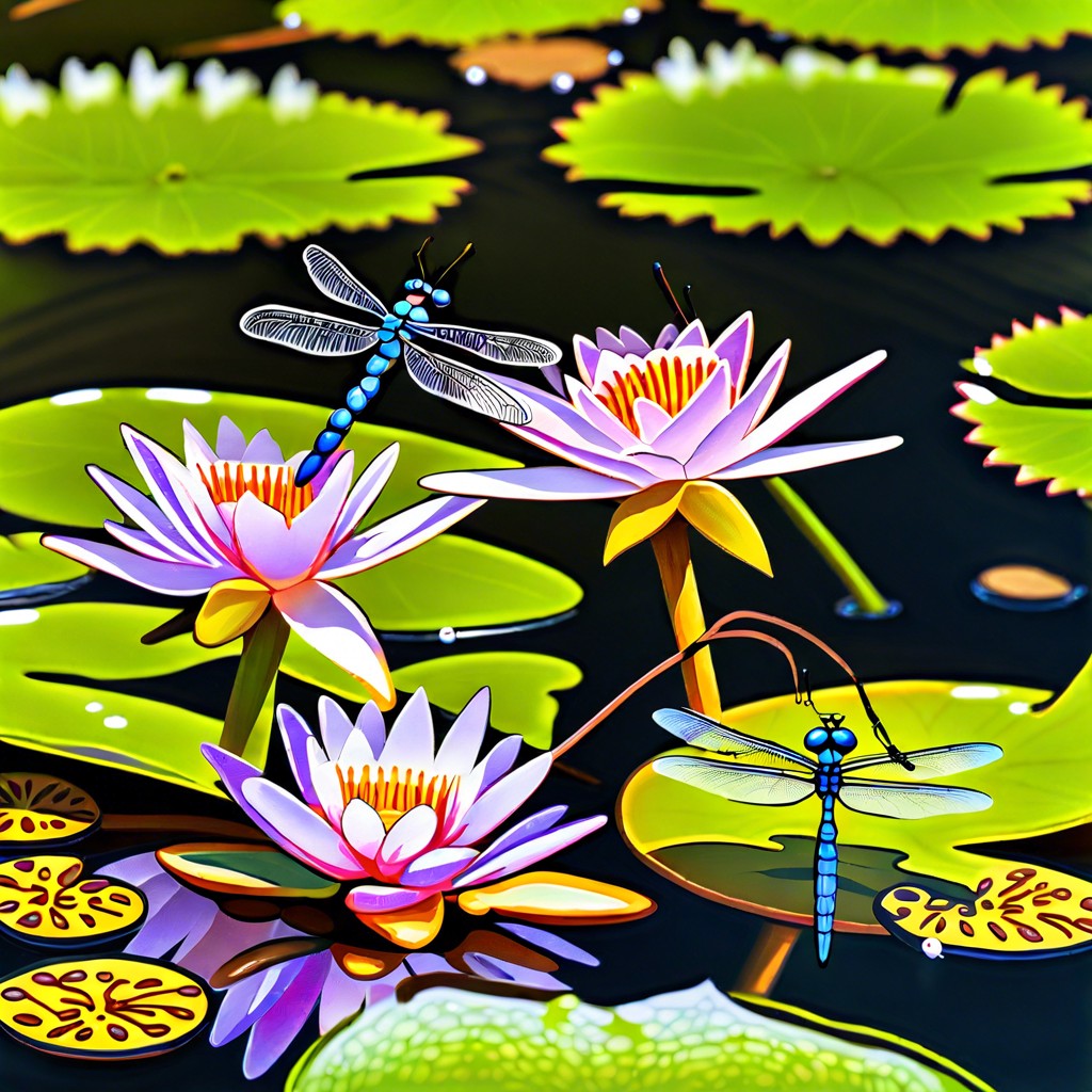 resting dragonflies on water lilies