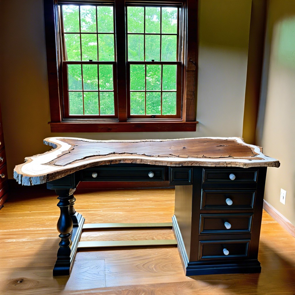 rustic ledge desk with bark edge in front of a cottage pane window