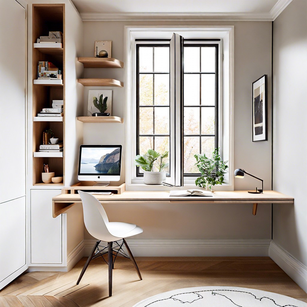 scandi style window nook with a hidden pull out desk compartment