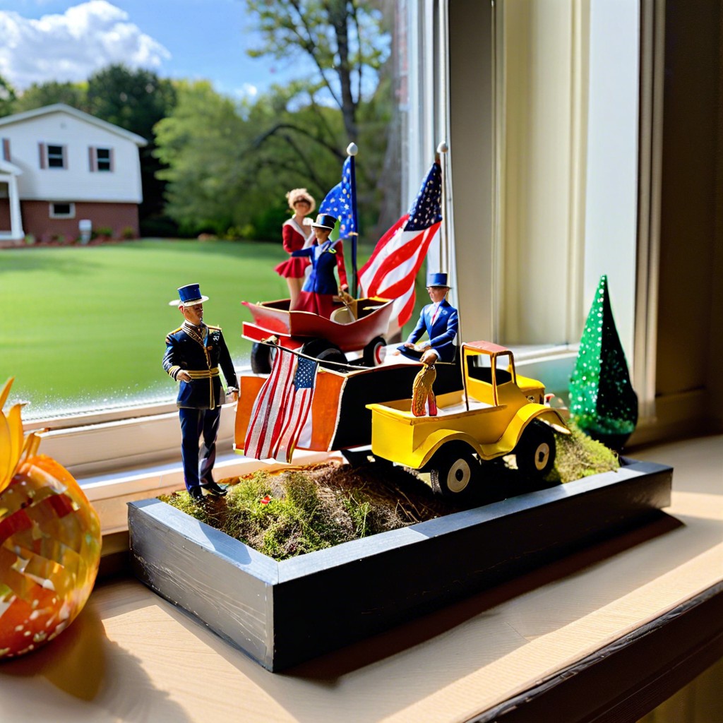 set up a diorama with miniaturized homecoming parade floats on the windowsill