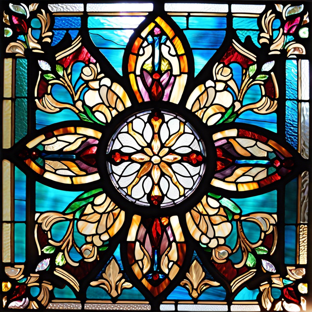 stained glass applique on faux cathedral windows