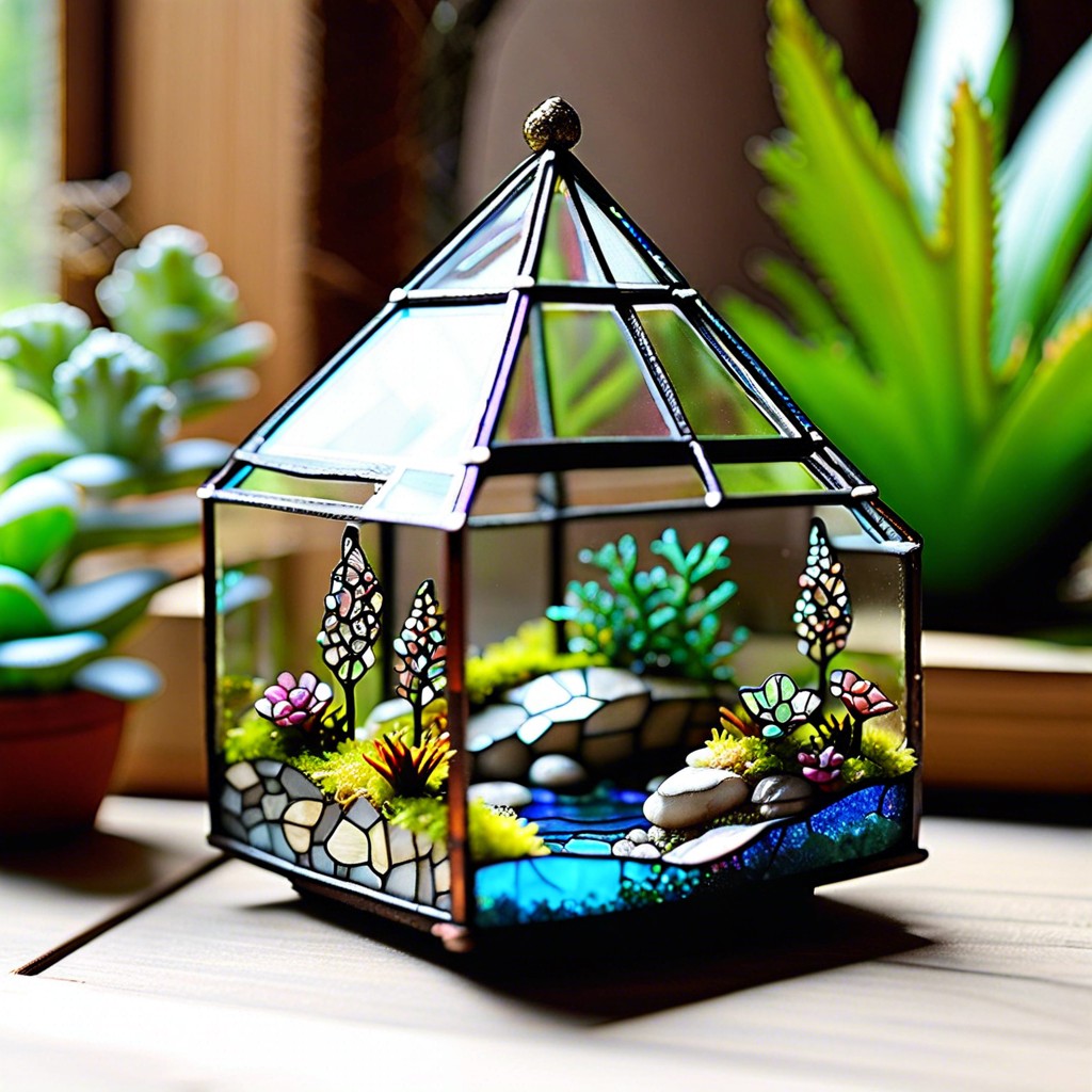 stained glass terrariums with miniature landscapes