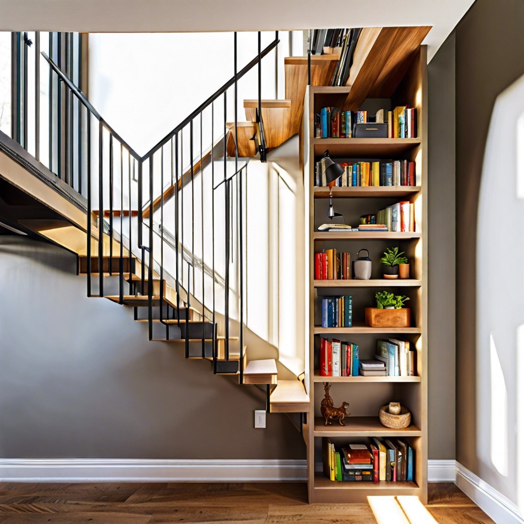 stairwell window with integrated bookshelf