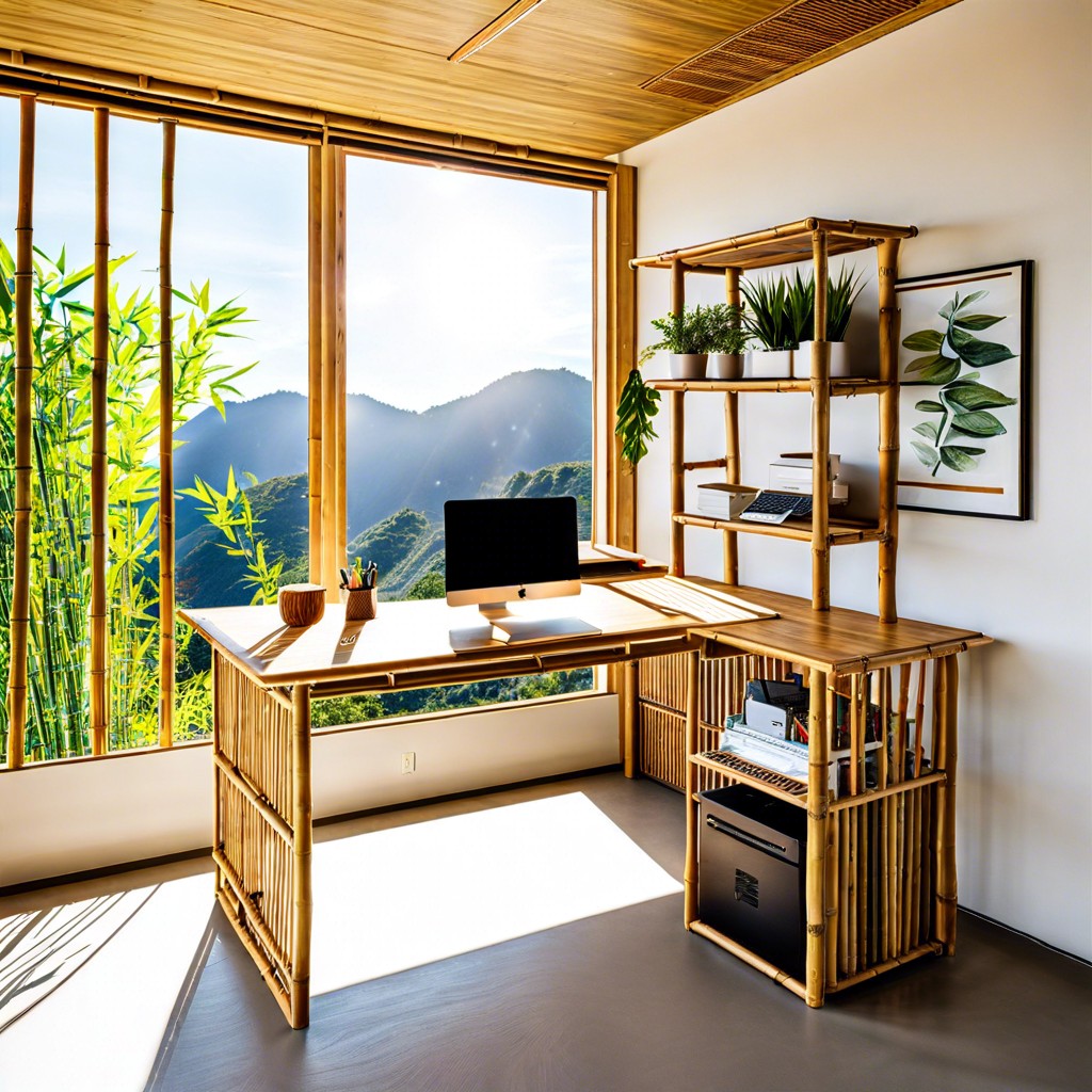 sustainable bamboo tiered desk with built in solar charging facing the sun