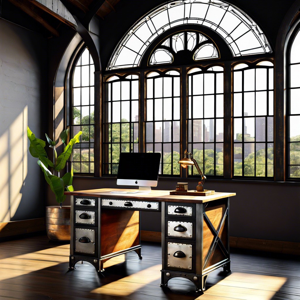 vintage industrial desk facing a gothic arch window