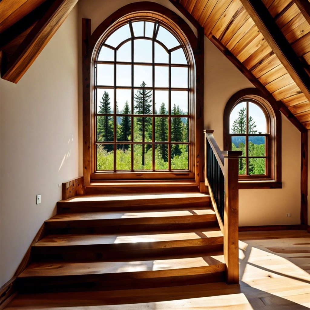 wooden arc window for rustic staircases