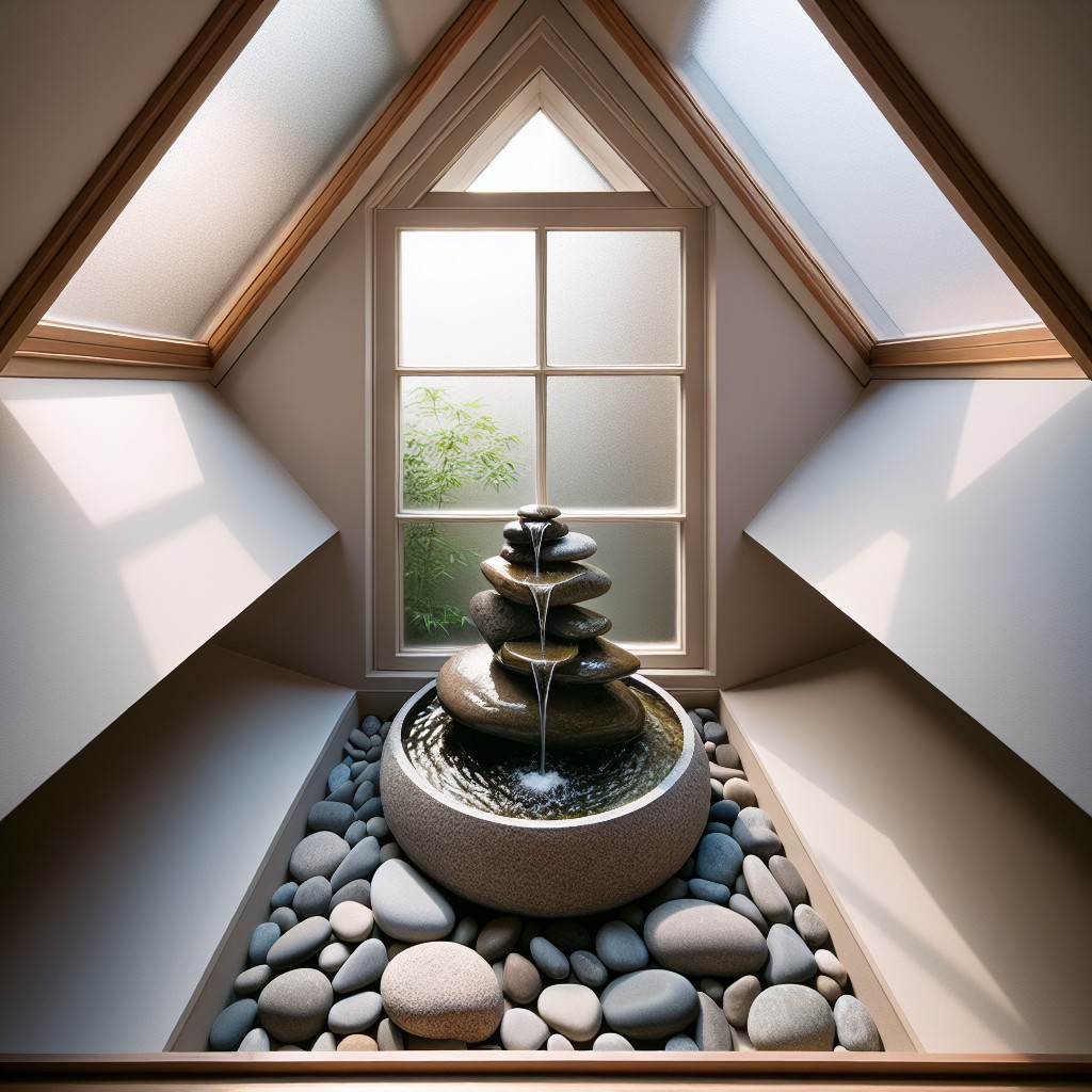 zen water feature corner with a small fountain and pebbles