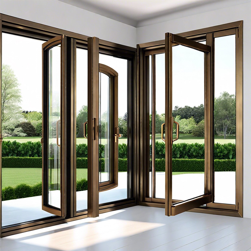 aluminum casement windows with a brushed bronze finish