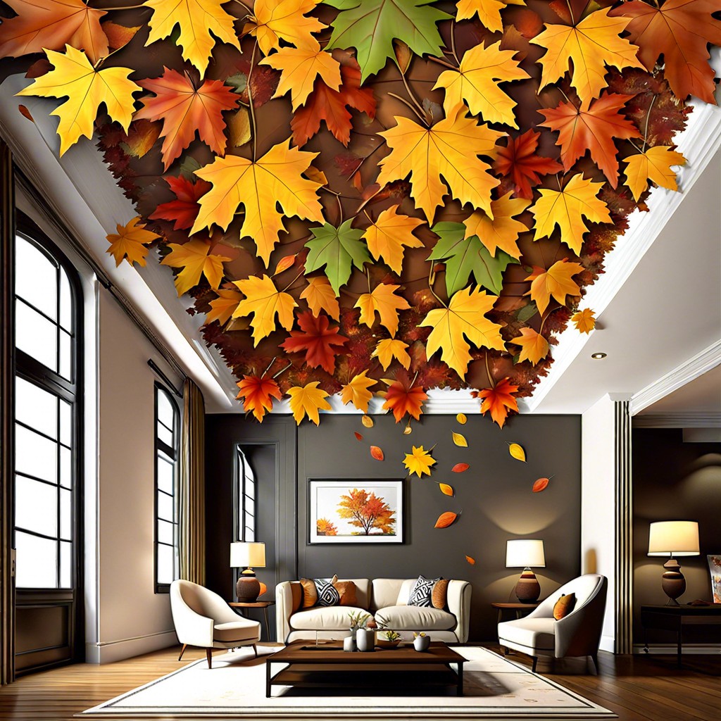 autumn leaves cascade hang colorful faux leaves from the ceiling in a curtain like fashion