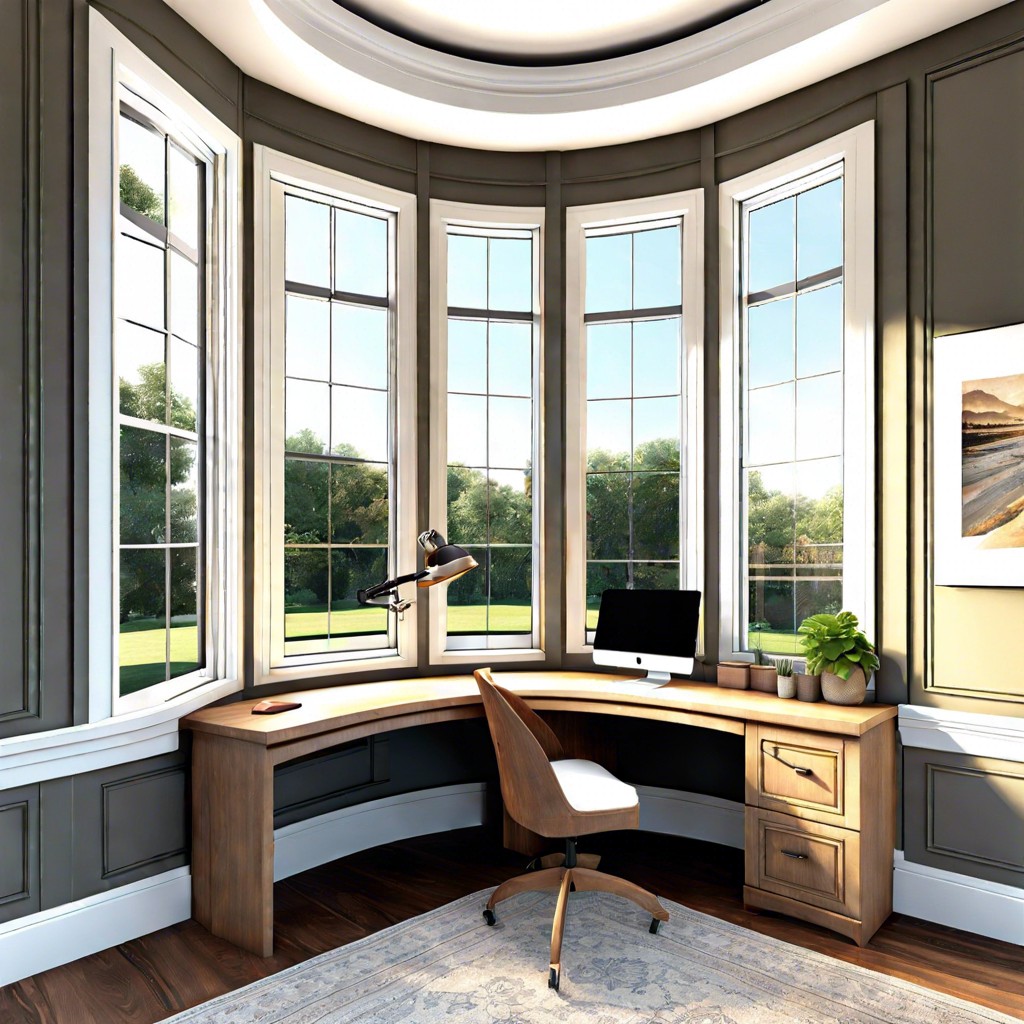 bay window desk utilize a bay window space with a curved desk that follows the window line