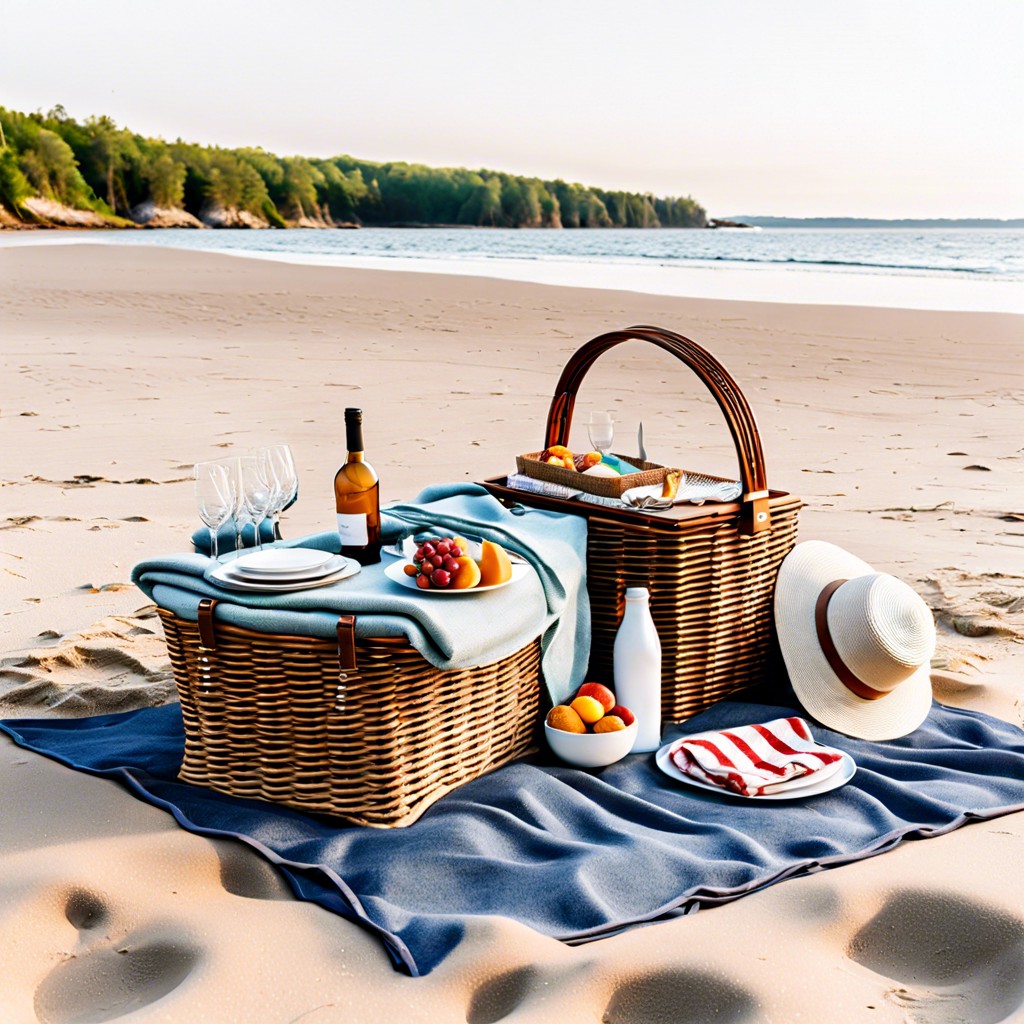 beach picnic setup with sand picnic basket and a checkered blanket