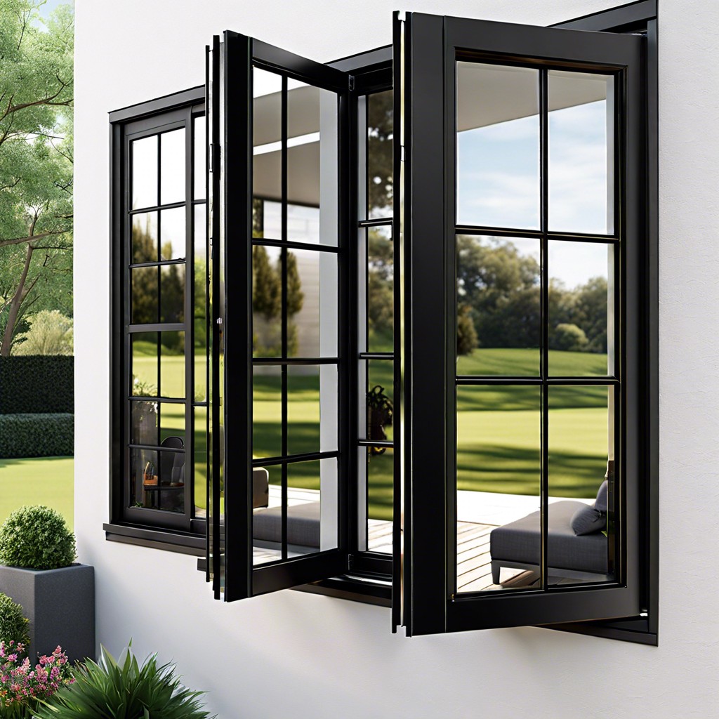 black casement windows with a reflective tint