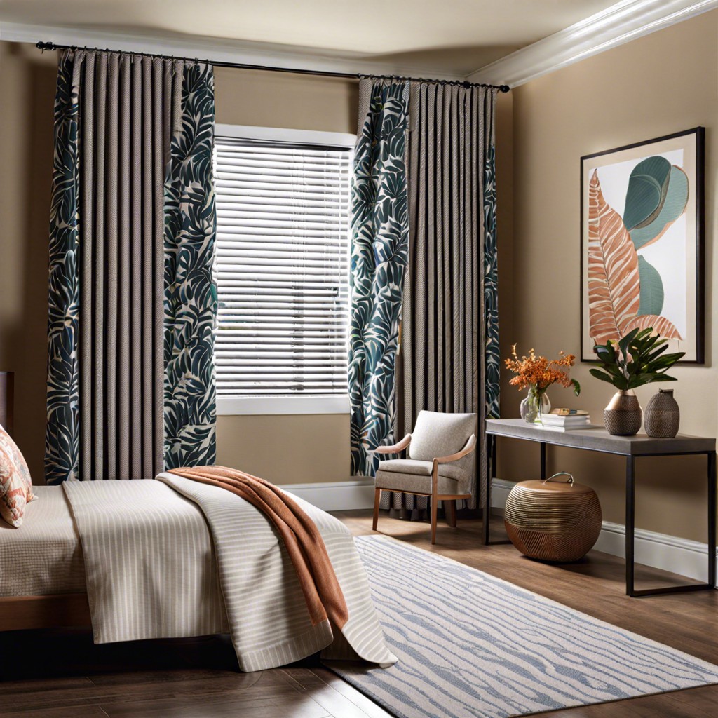 blinds paired with patterned curtains