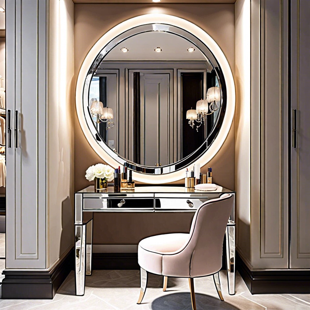 boutique dressing area with a mirrored vanity and stylish chair