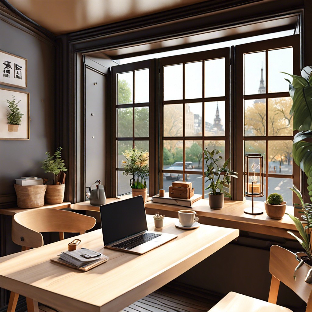 cafe style set up a high countertop along the window with bar stools for a relaxed working environment