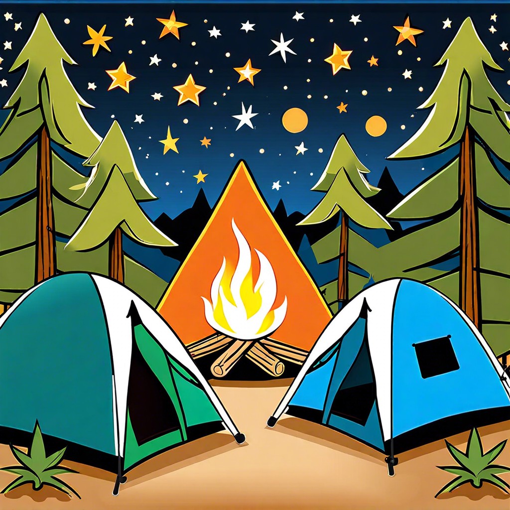 camping at sunset using tents faux campfire and stars projected on the backdrop