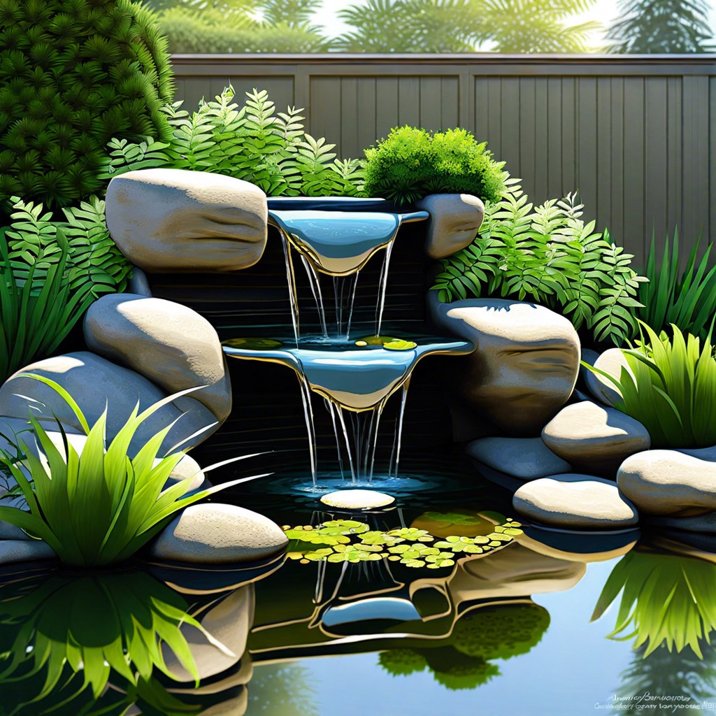 cascading water feature with pond plants