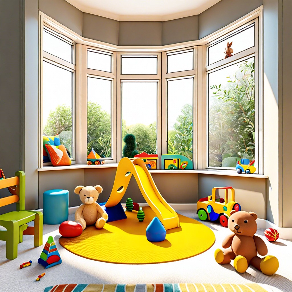 childrens play area with toy storage and colorful mats