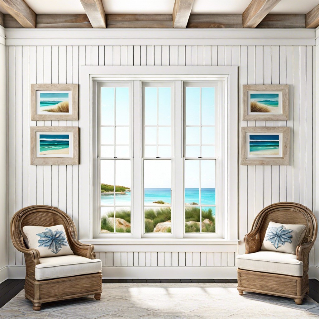 coastal vibe with whitewashed wood trim