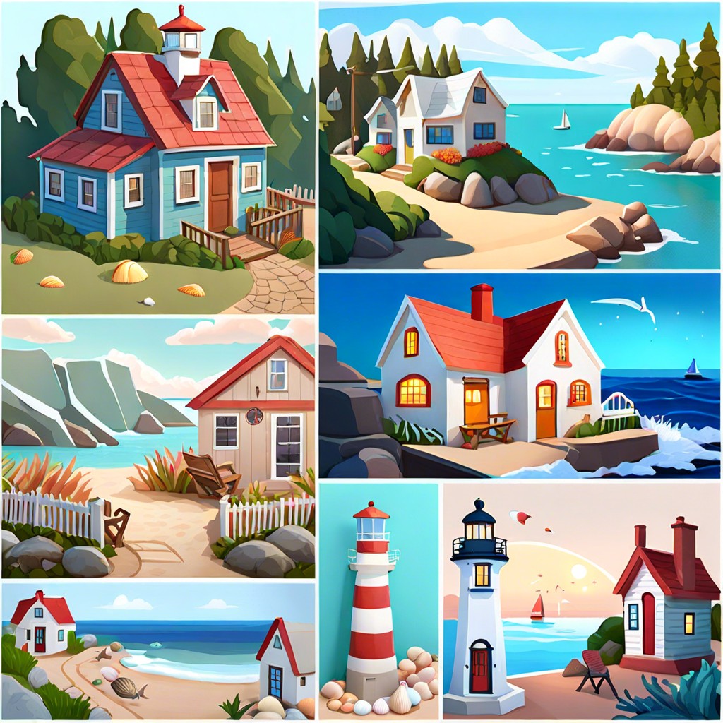 coastal village featuring quaint houses a mini lighthouse and seashell paths