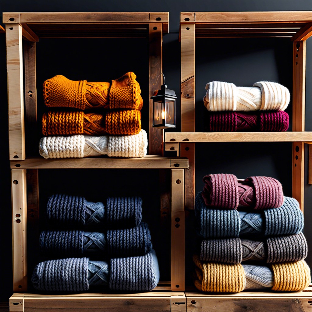 cozy knitwear nook display chunky sweaters and scarves over rustic crates