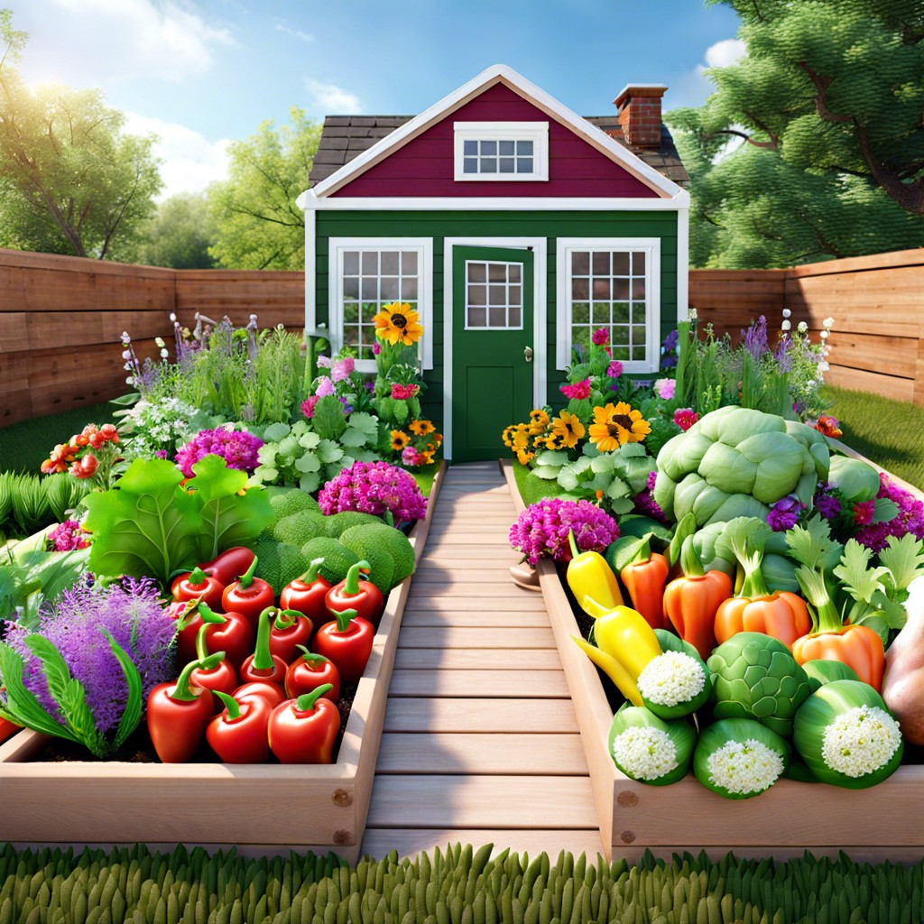 edible garden with mixed veggies and flowers
