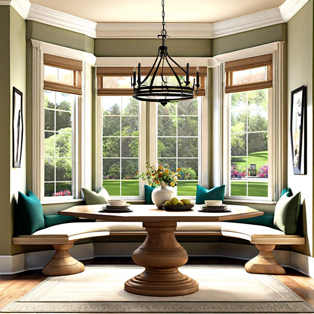 elegant dining nook with a round table and curved seating