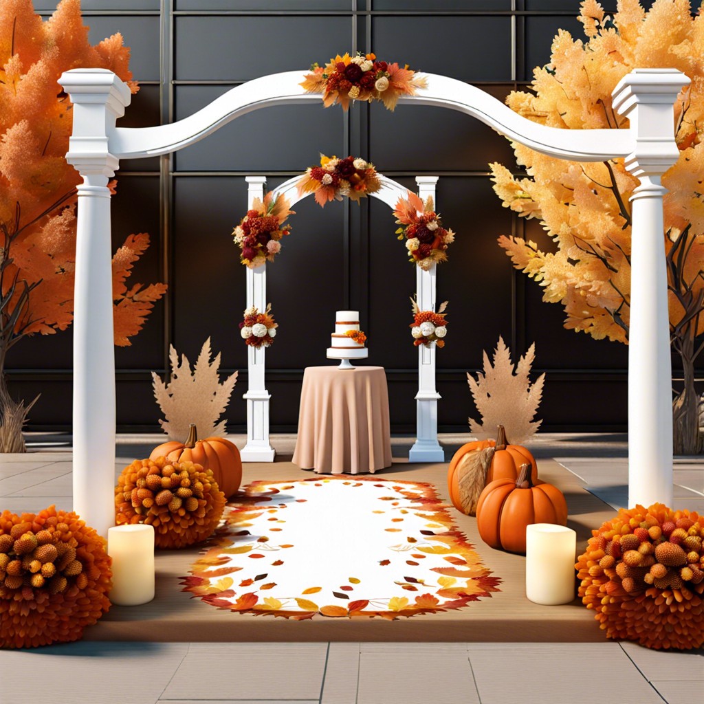 fall in love wedding themed display with autumnal bridesmaid dresses and bouquets