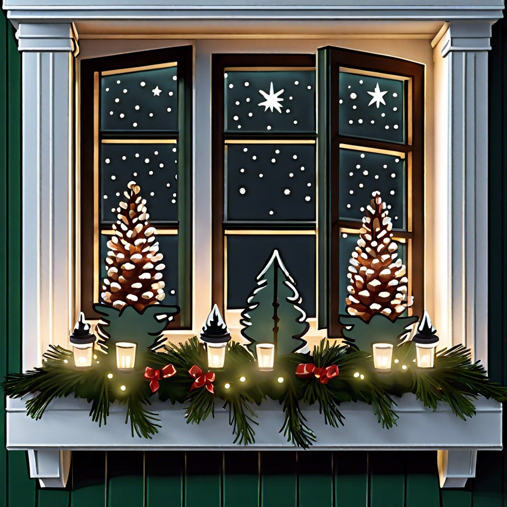 festive window boxes fill with evergreens pinecones and twinkling lights