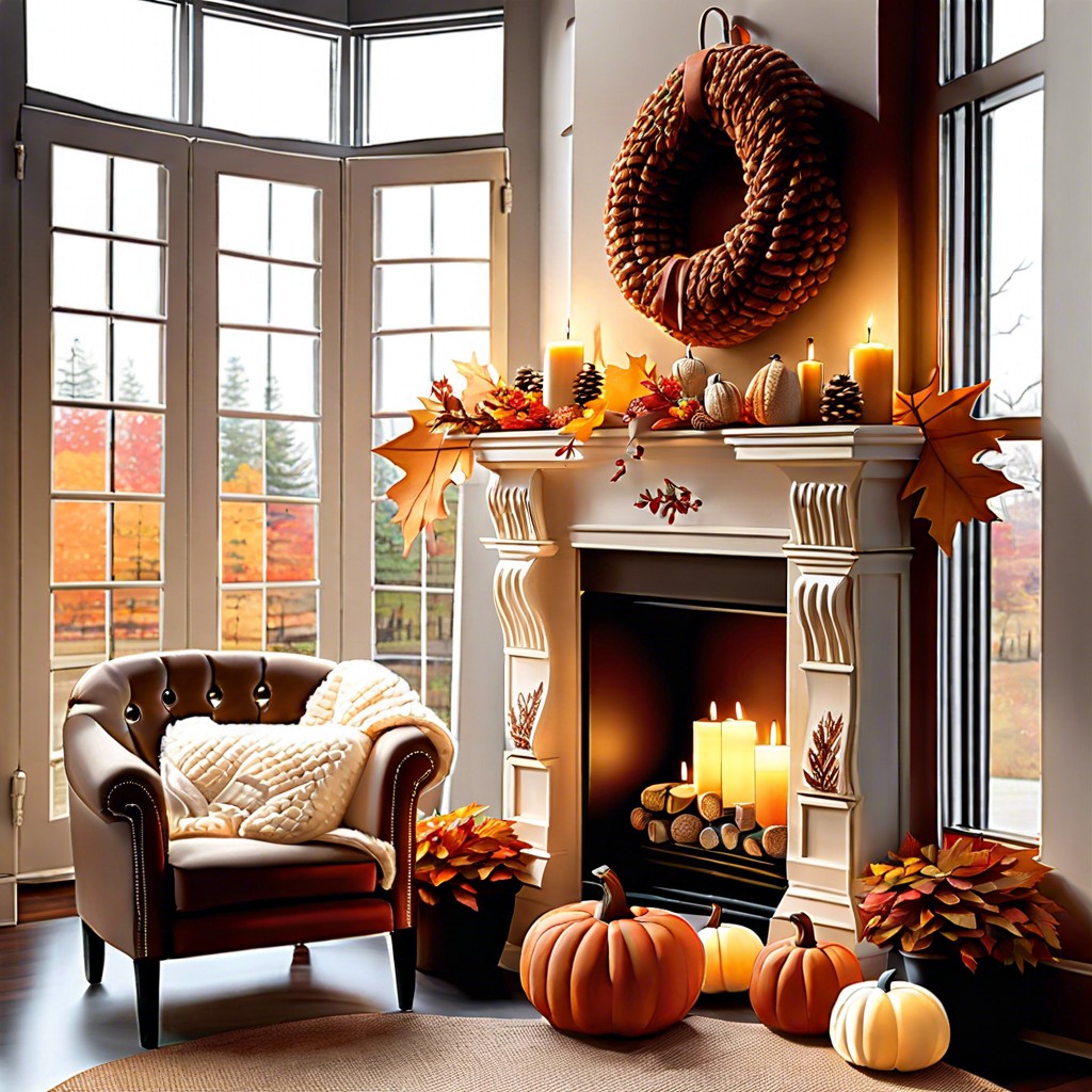 fireside reading cozy armchair a faux fireplace and books about autumn