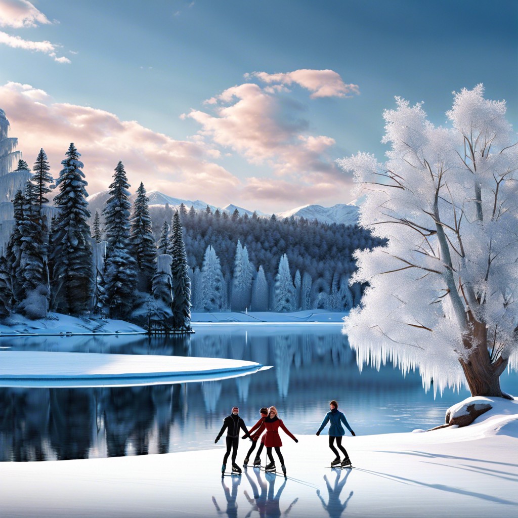 frozen lake with ice skaters and a tree lined backdrop