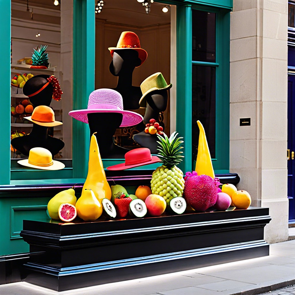 fruit stand bursting with colorful faux fruits straw hats and woven baskets