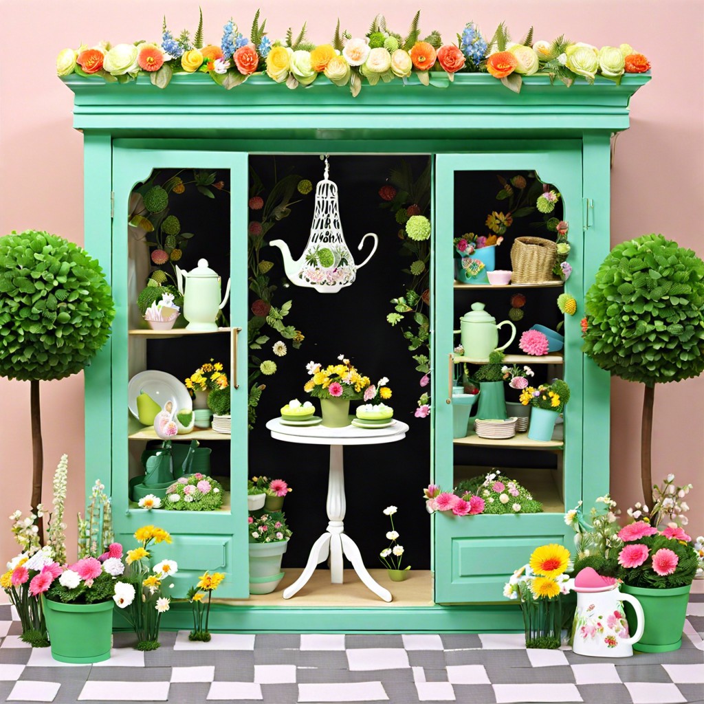 garden party scenario with floral garlands elegant teapots and pastel tableware