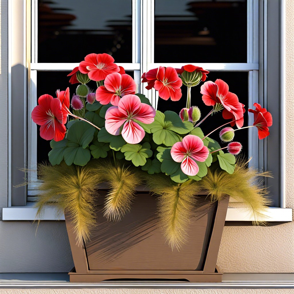 geraniums with ornamental grasses