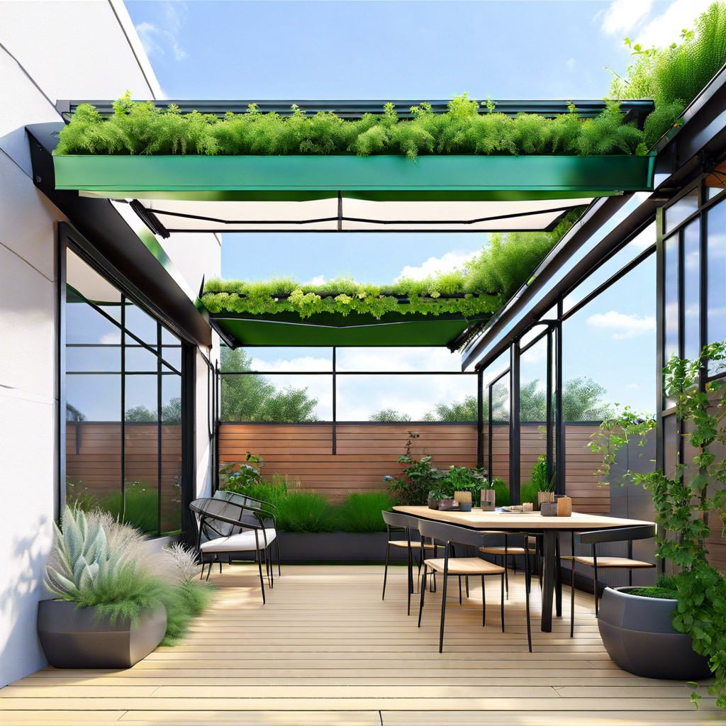 green roof aluminum awnings supporting small plants or herbs