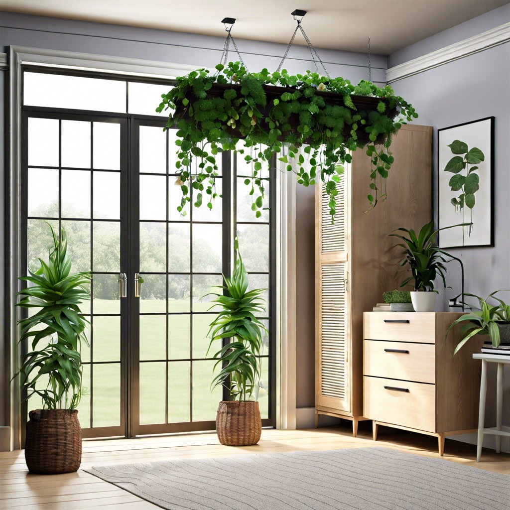 hanging plants in the window area