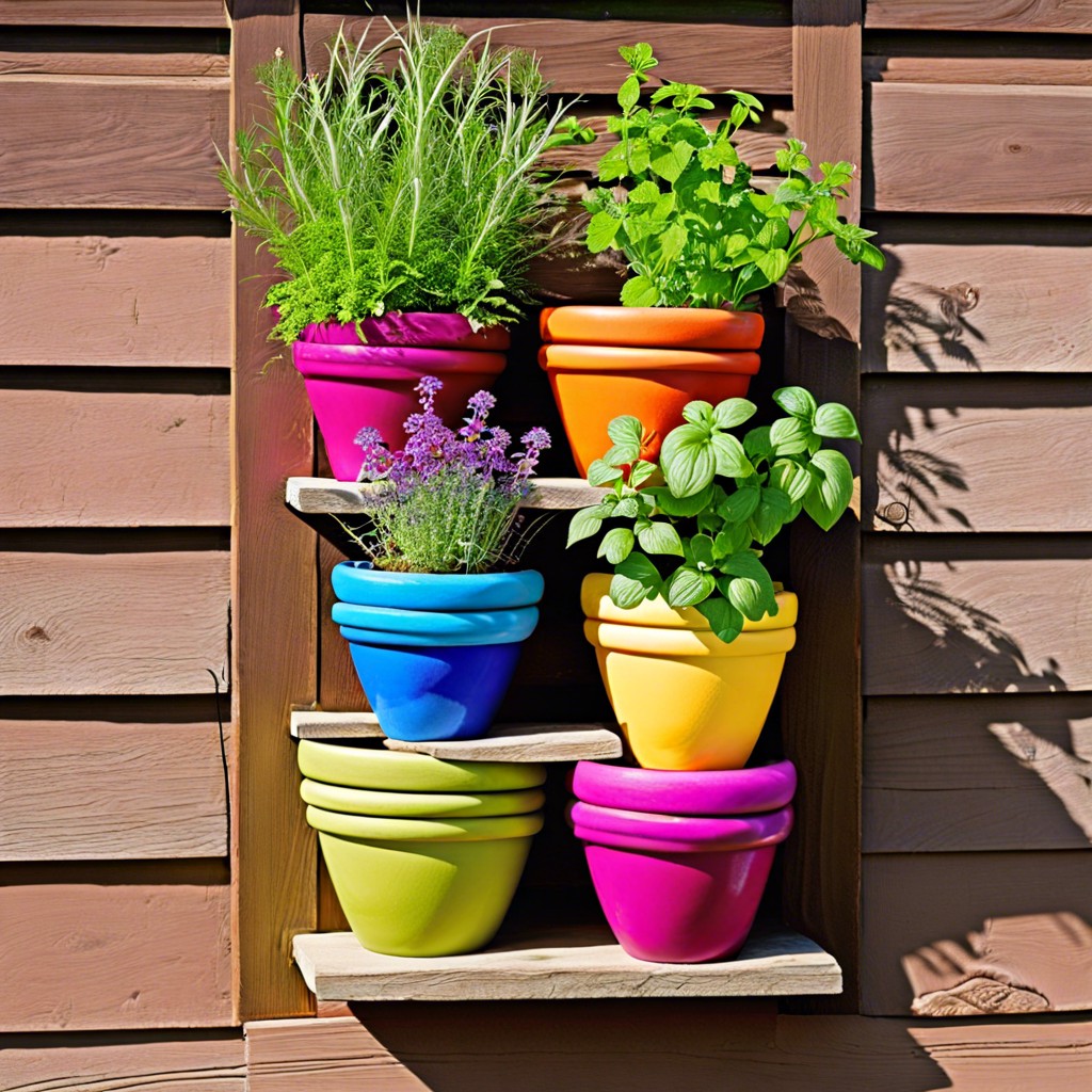 herb spiral with colorful pots