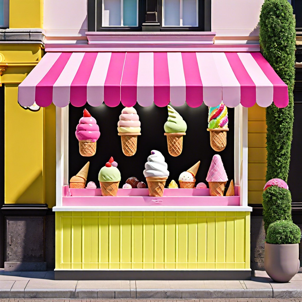 ice cream parlor scene with faux ice cream cones and vibrant playful colors