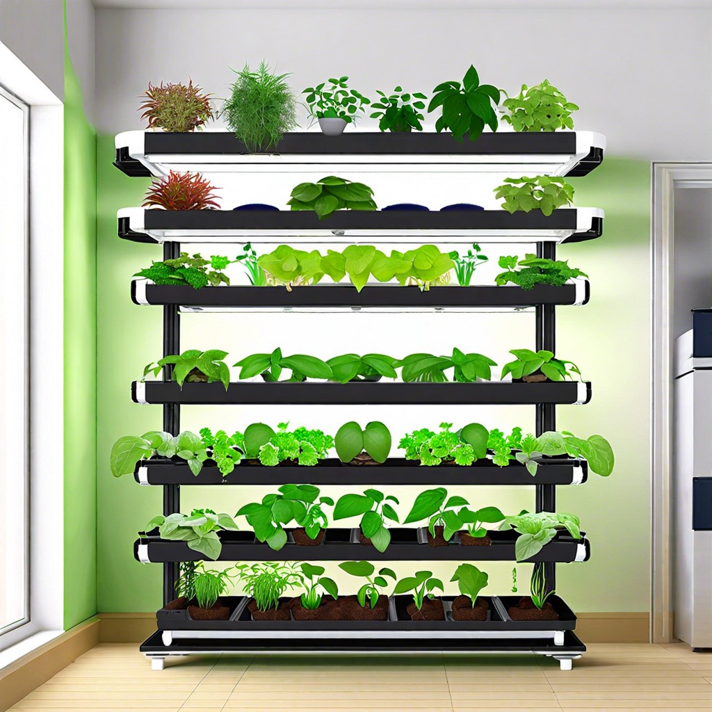 indoor garden with hydroponic shelves and herb pots